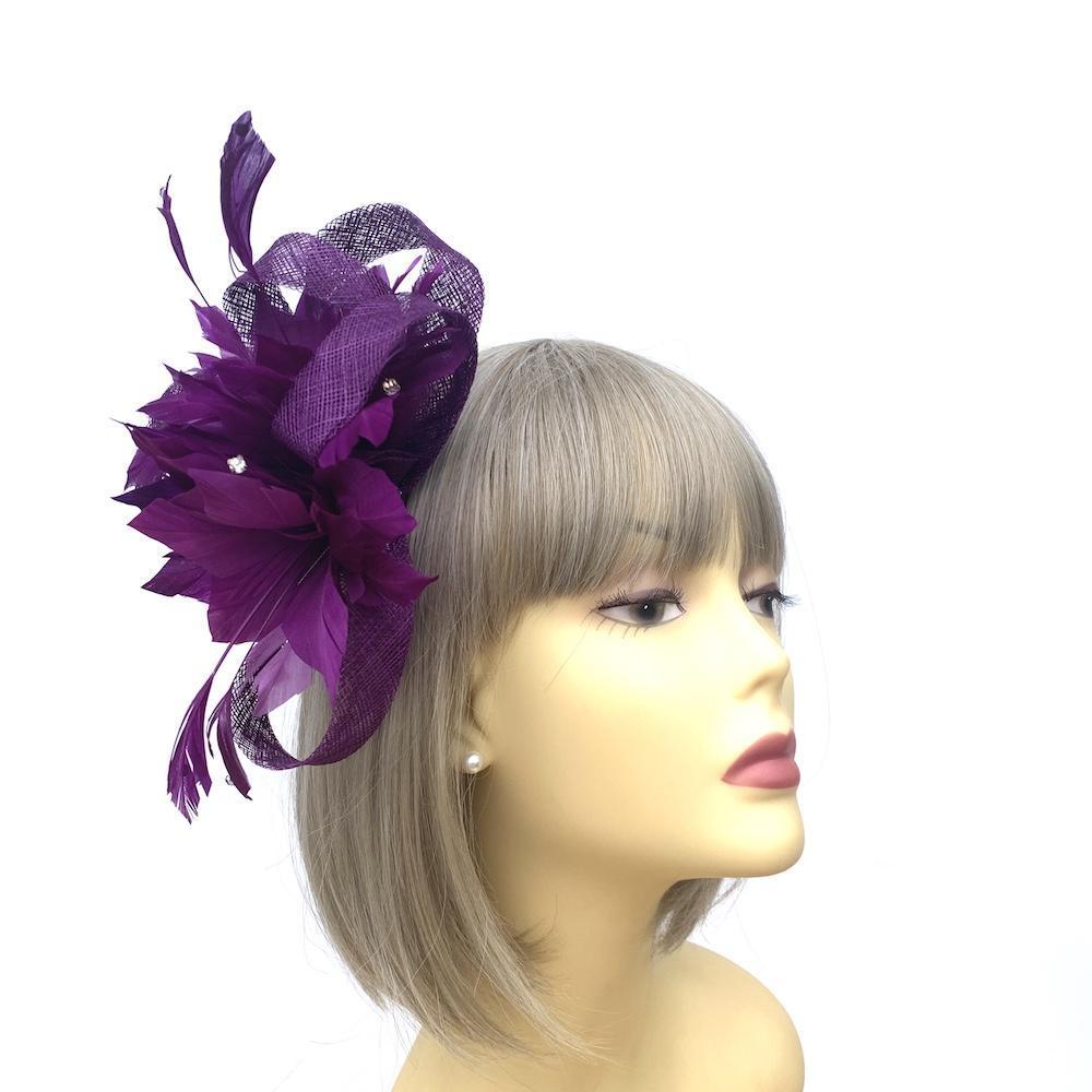 Feather &amp; Mesh Purple Fascinator with Diamante Beads-Fascinators Direct