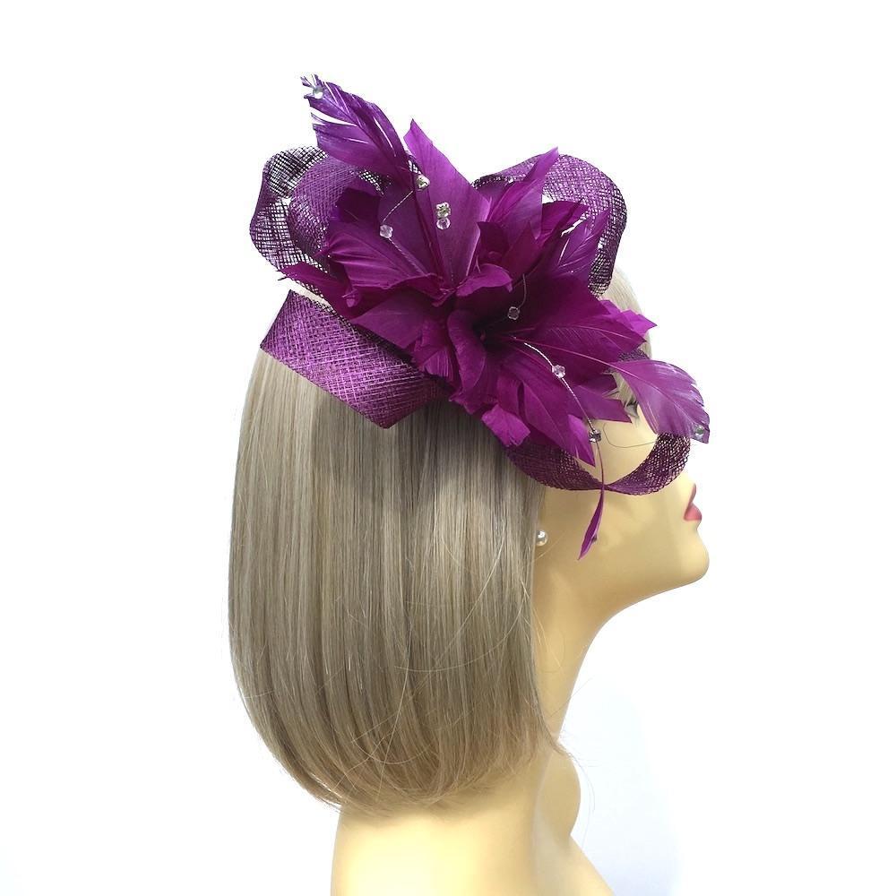 Feather &amp; Mesh Purple Fascinator with Diamante Beads-Fascinators Direct