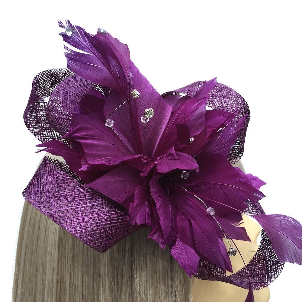 Feather &amp; Mesh Purple Fascinator with Diamante Beads-Fascinators Direct