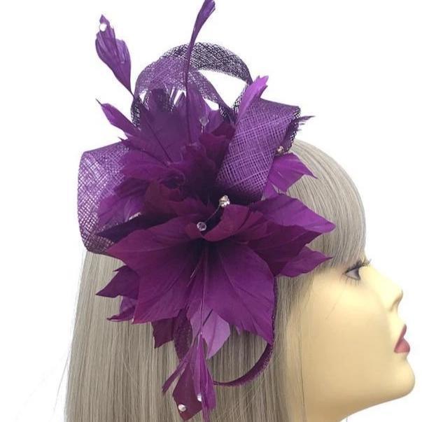 Feather &amp; Mesh Purple Fascinator with Diamante Beads-Fascinators Direct