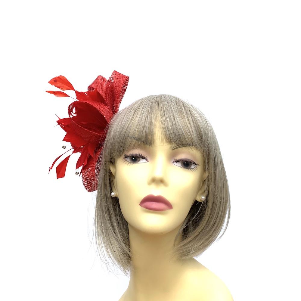 Feather &amp; Mesh Red Fascinator with Diamante Beads-Fascinators Direct