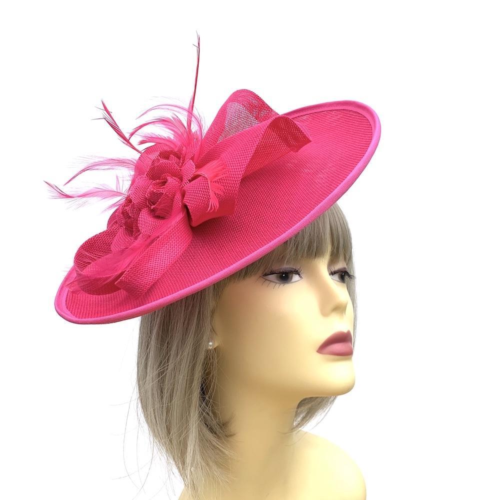 Fuchsia Saucer Hatinator with Ruched Sinamay, Flowers & Feathers-Fascinators Direct