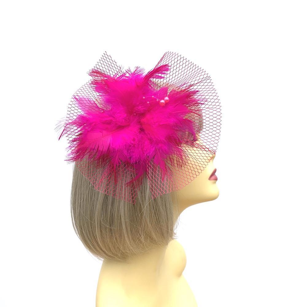 Fuschia Fascinator Clip with Feather Flower &amp; Netting-Fascinators Direct