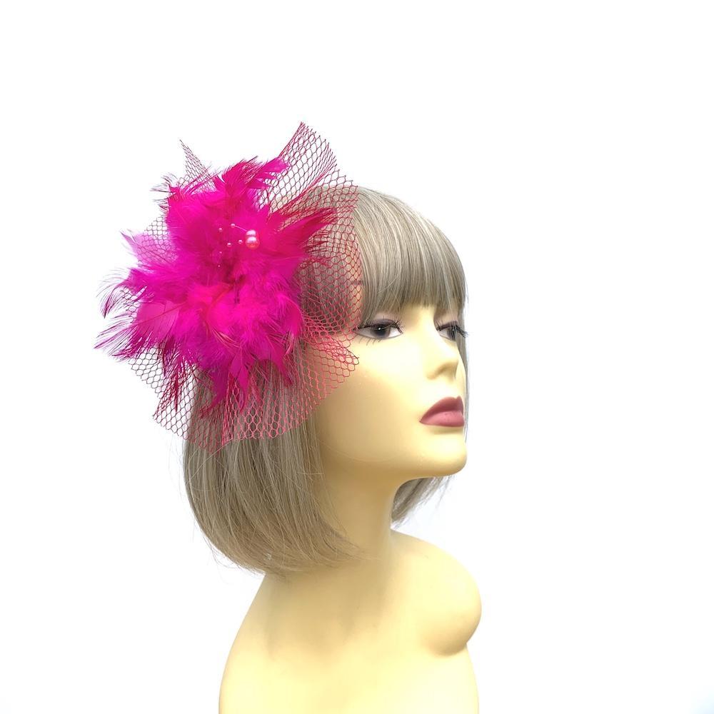 Fuschia Fascinator Clip with Feather Flower &amp; Netting-Fascinators Direct