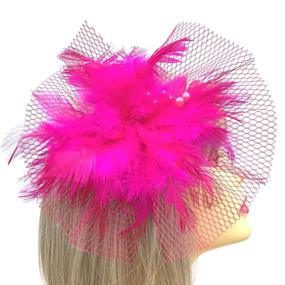 Fuschia Fascinator Clip with Feather Flower &amp; Netting-Fascinators Direct