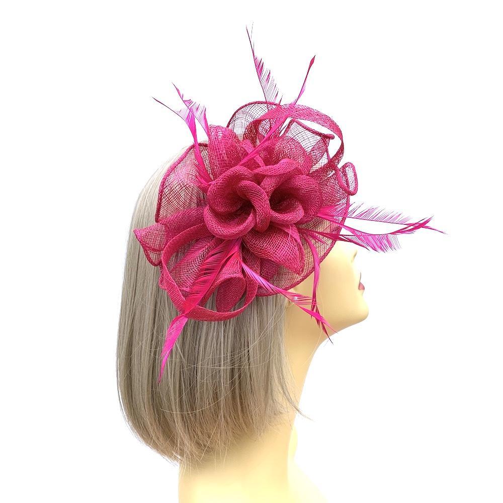 Fuschia Fascinator Comb with Fluted Sinamay &amp; Feathers-Fascinators Direct