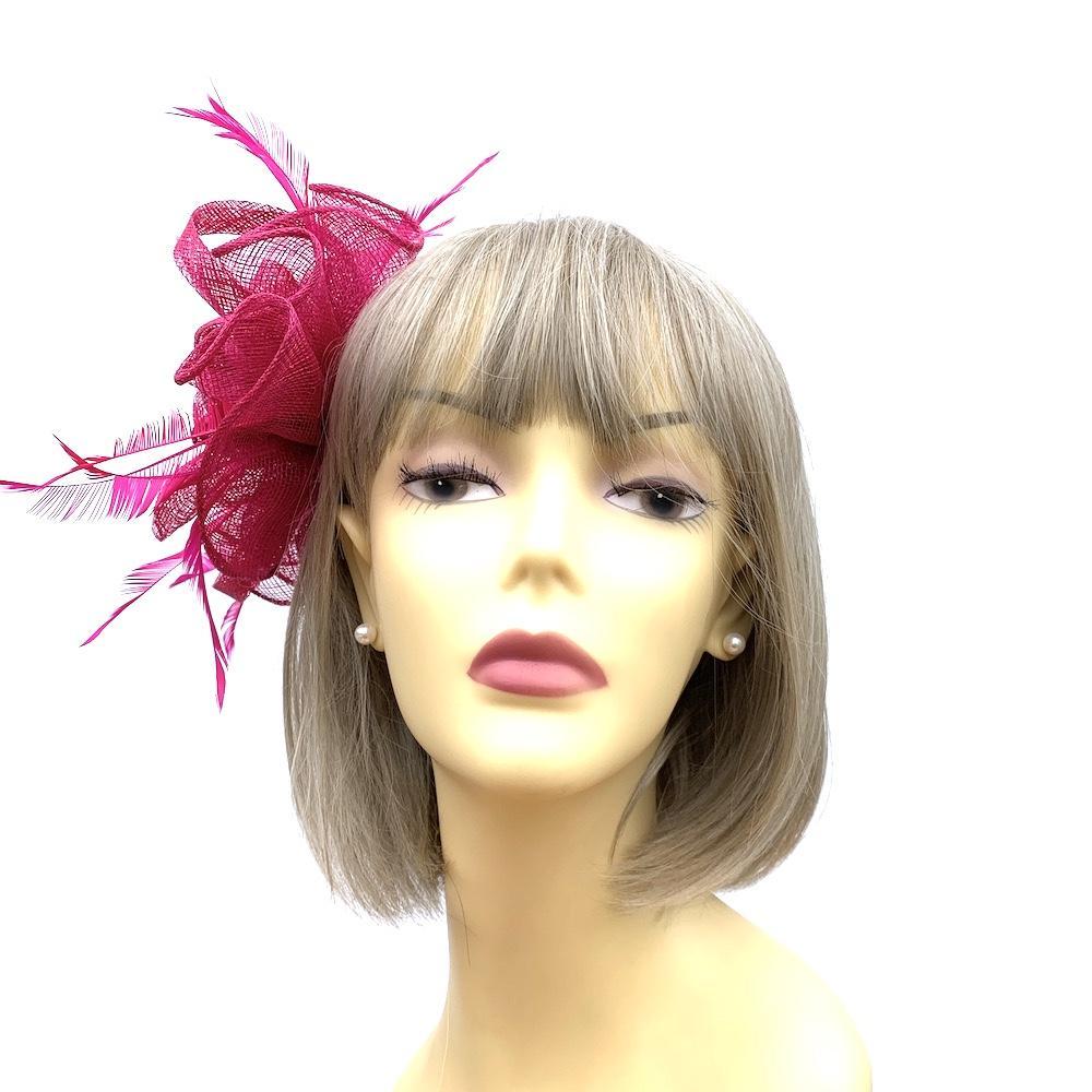 Fuschia Fascinator Comb with Fluted Sinamay &amp; Feathers-Fascinators Direct