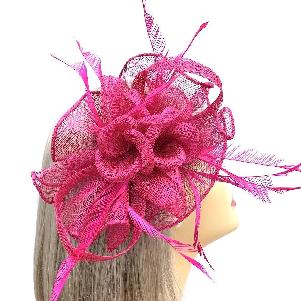 Fuschia Fascinator Comb with Fluted Sinamay &amp; Feathers-Fascinators Direct