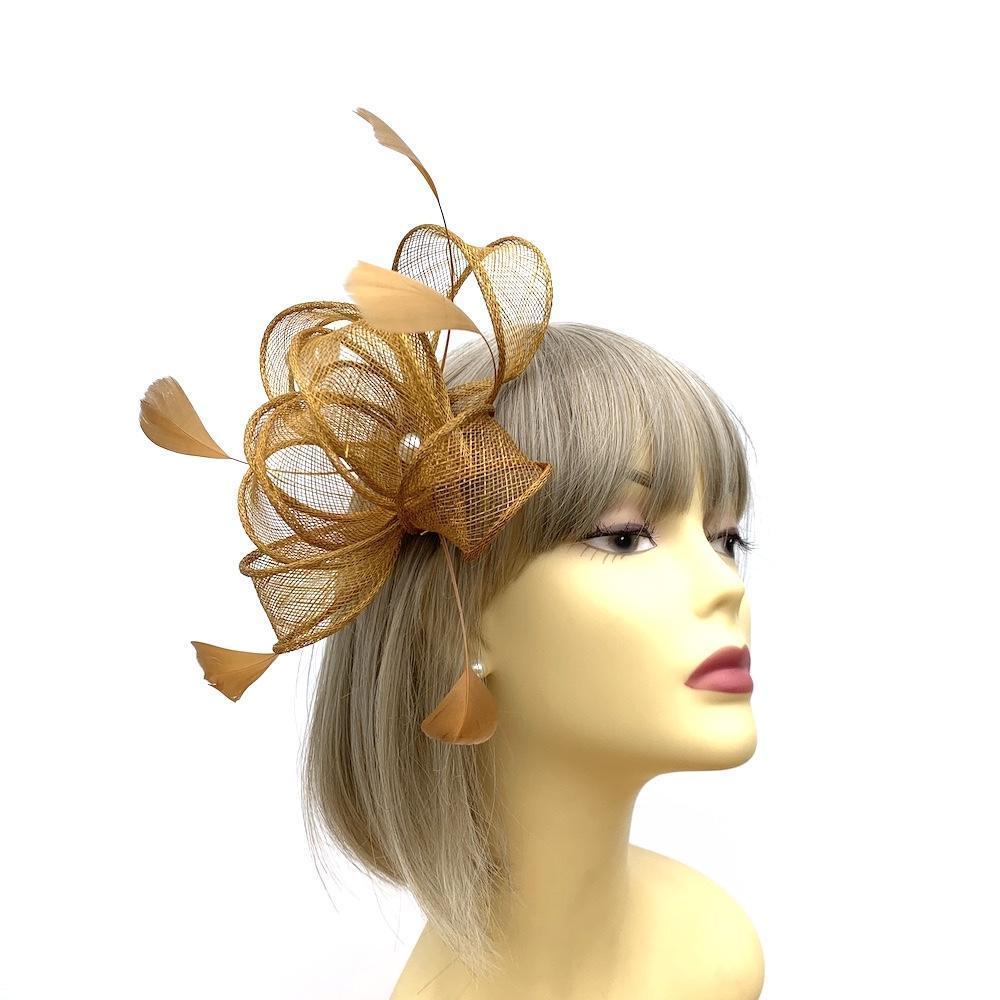 Gold Fascinator for Weddings with Hoops & Feathers-Fascinators Direct