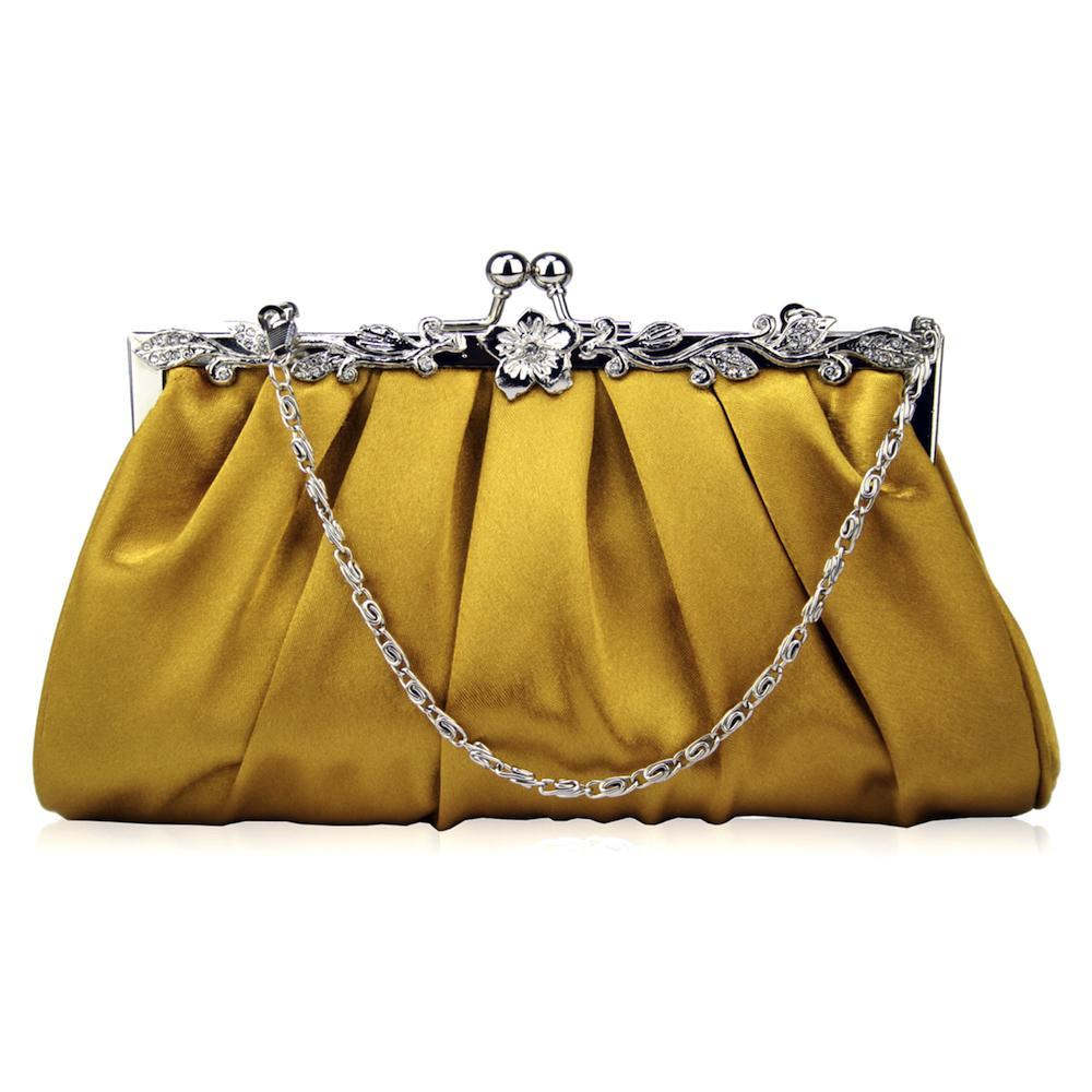 Gold Satin Clutch Bag with Diamante Flower-Fascinators Direct