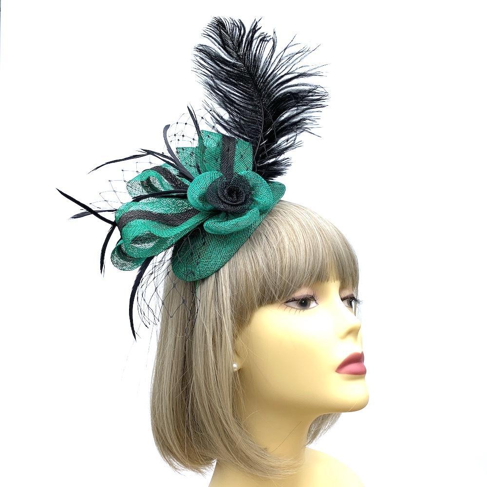 Green Fascinator Headband With Large Black Feathers-Fascinators Direct