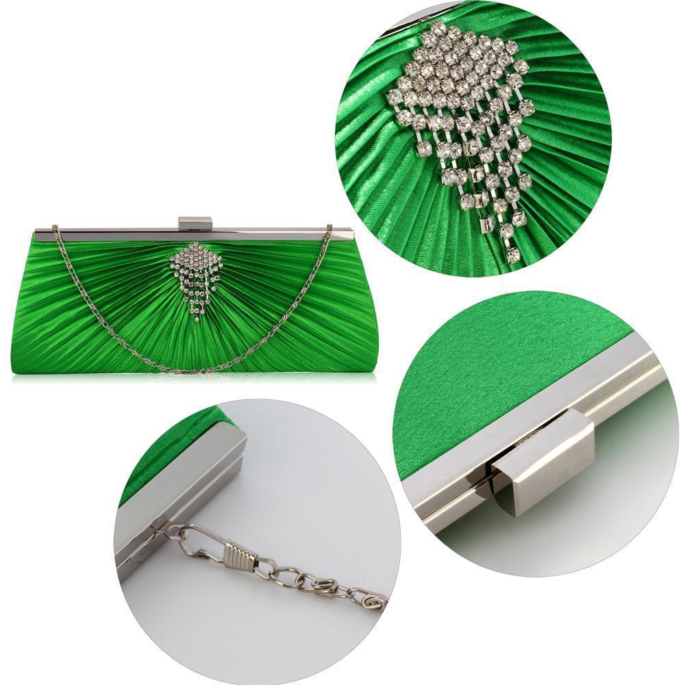 Green Satin Clutch Bag With Dangly Diamanté-Fascinators Direct