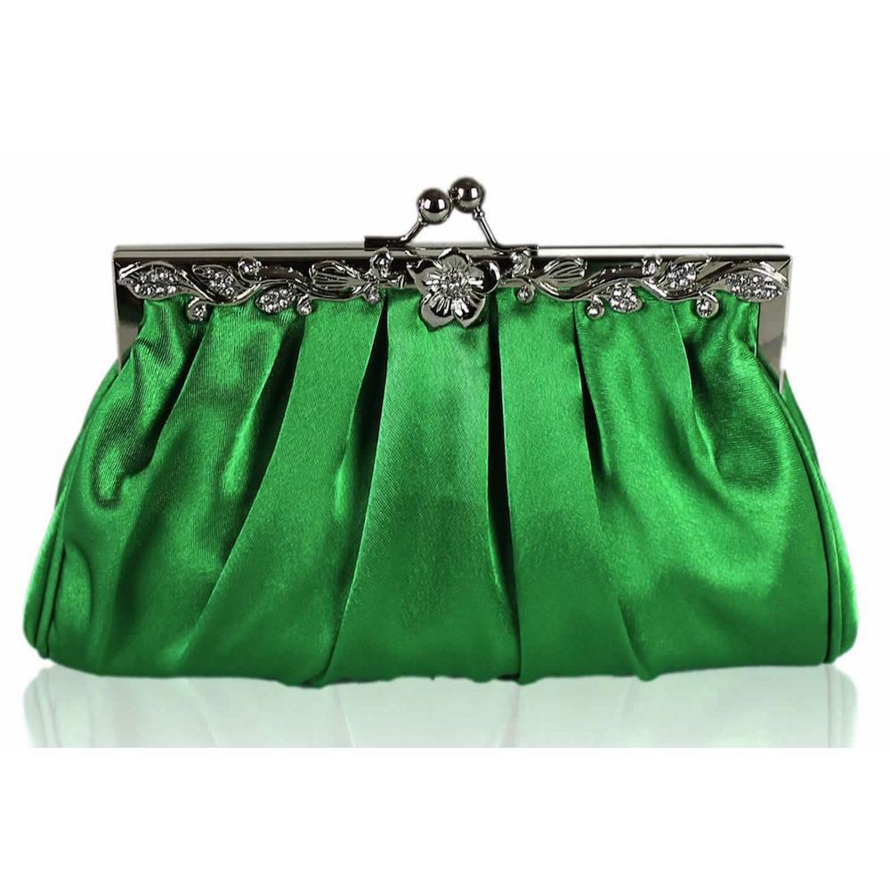 Green Satin Clutch Bag with Diamante Flower-Fascinators Direct