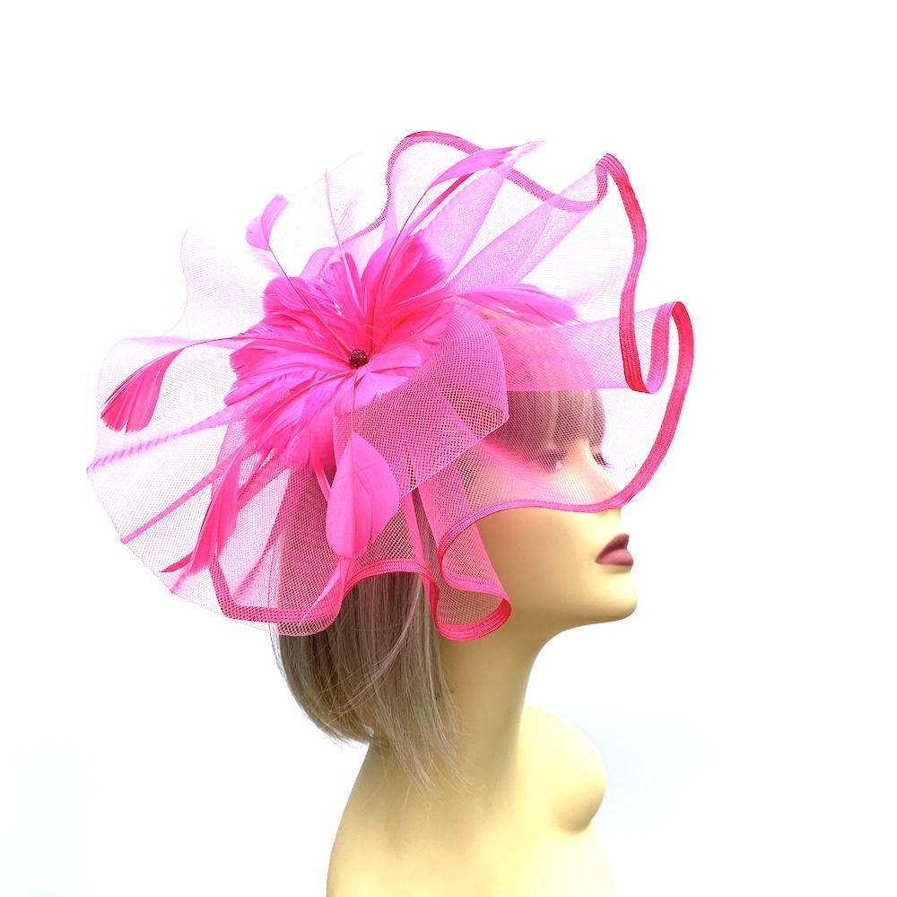 Hot Pink Large Fascinator with Ruched Crinoline & Flower-Fascinators Direct