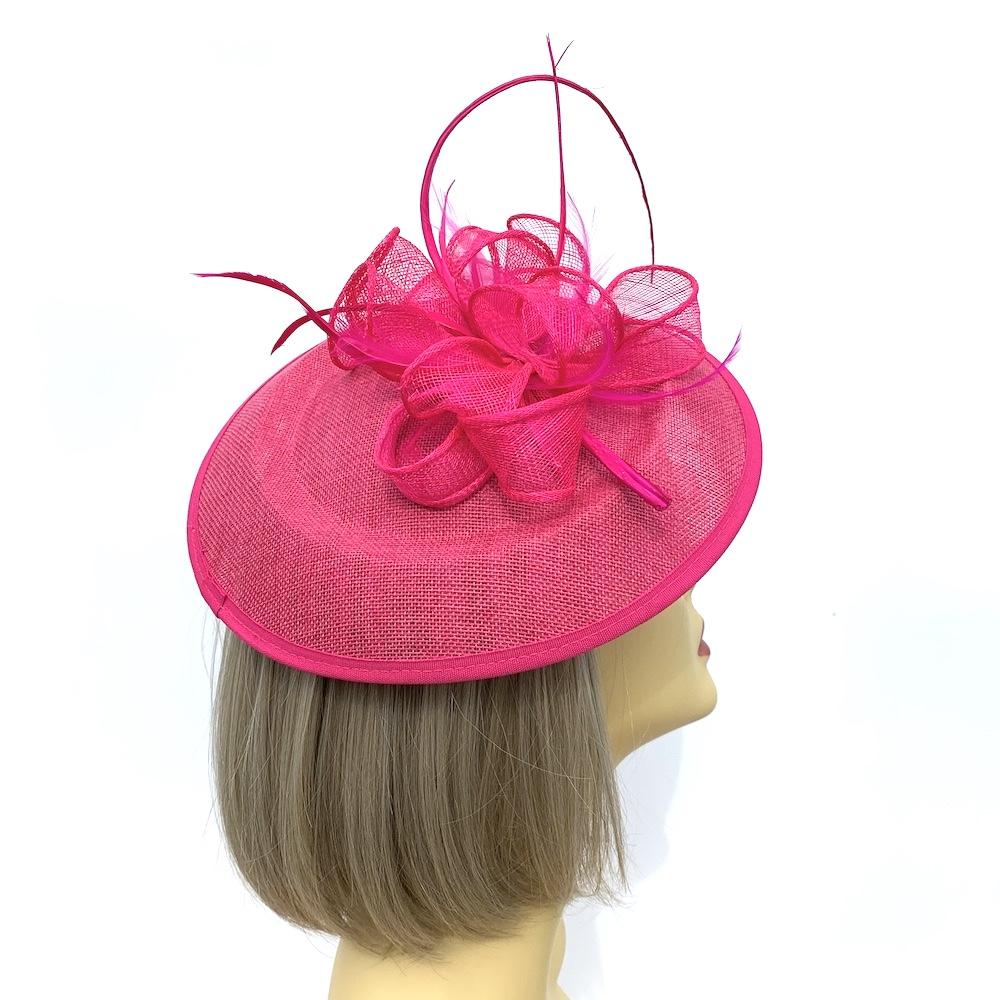 Hot Pink Sinamay Saucer Hatinator with Curled Quill-Fascinators Direct