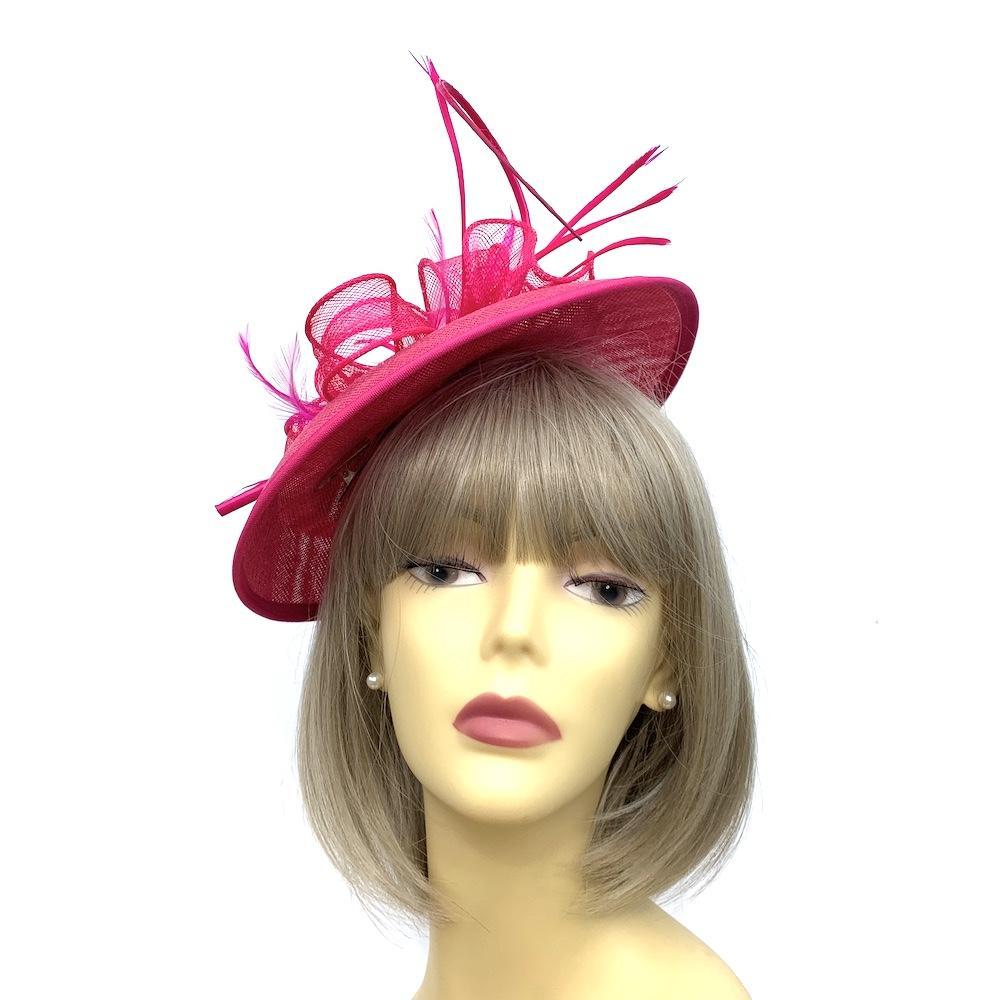 Hot Pink Sinamay Saucer Hatinator with Curled Quill-Fascinators Direct