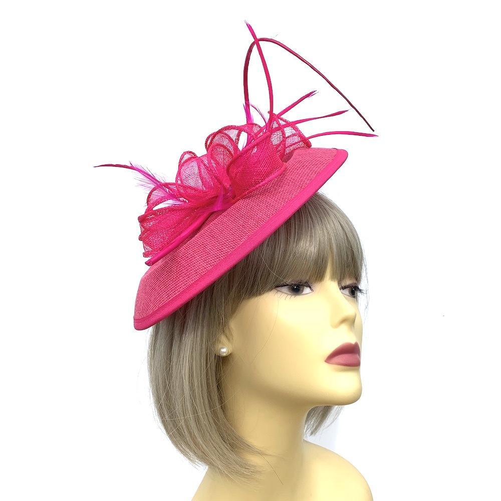 Hot Pink Sinamay Saucer Hatinator with Curled Quill-Fascinators Direct