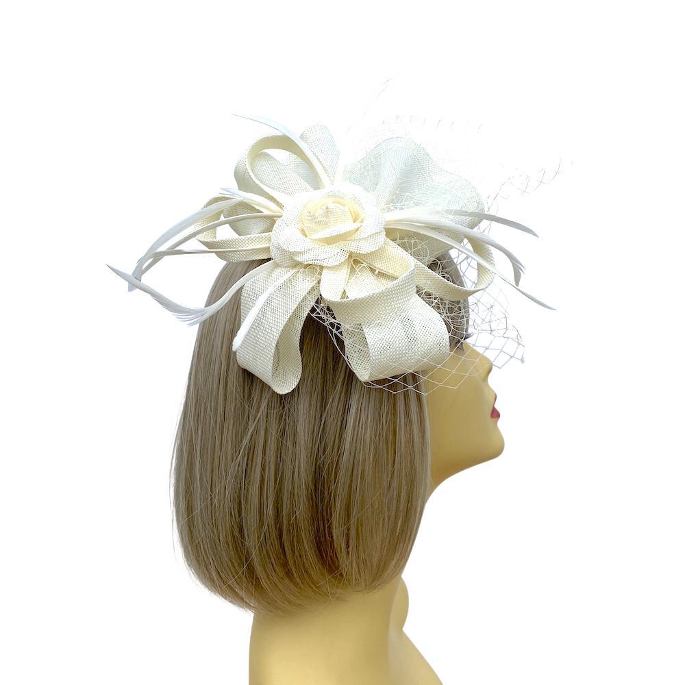 Ivory Cream Fascinator Headband with Fluted Sinamay, Feathers & Net-Fascinators Direct