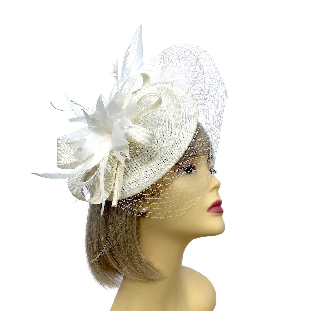 Ivory Cream Fascinator with Veil & Feather Quill-Fascinators Direct