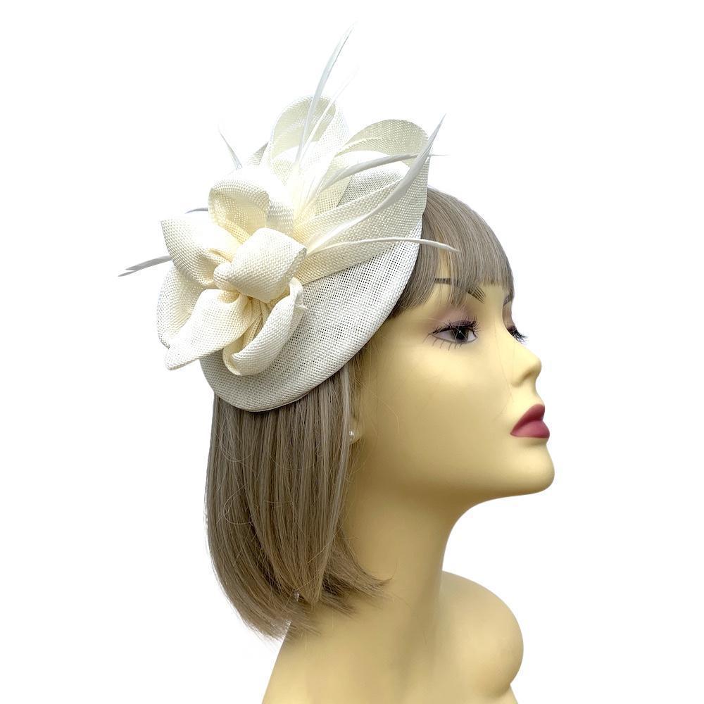 Ivory Pillbox Fascinator with Pearl Flower & Feathers-Fascinators Direct
