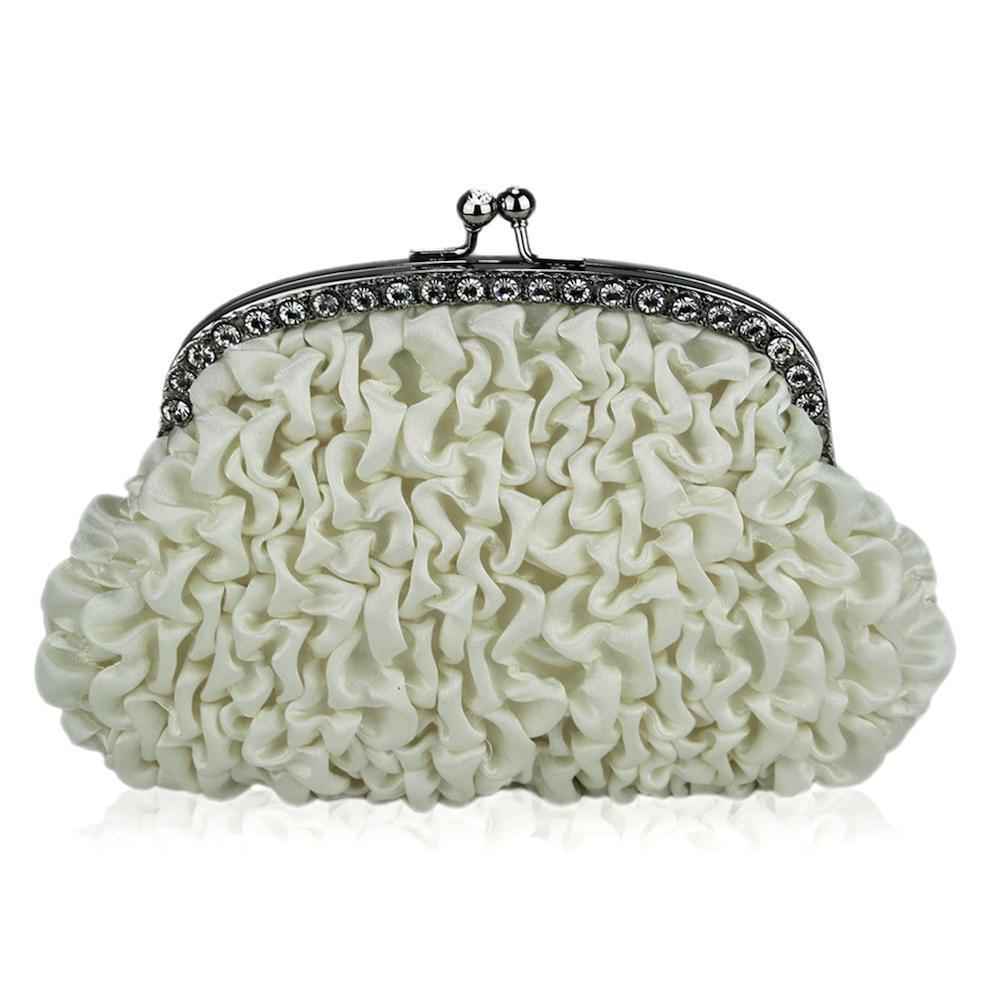 Ivory Ruched Satin Clutch Bag with Diamante-Fascinators Direct