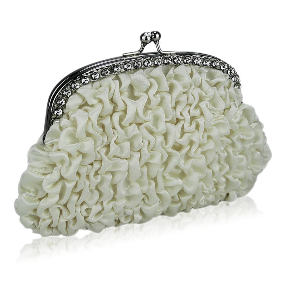 Ivory Cream Ruched Satin Clutch Bag with Diamante