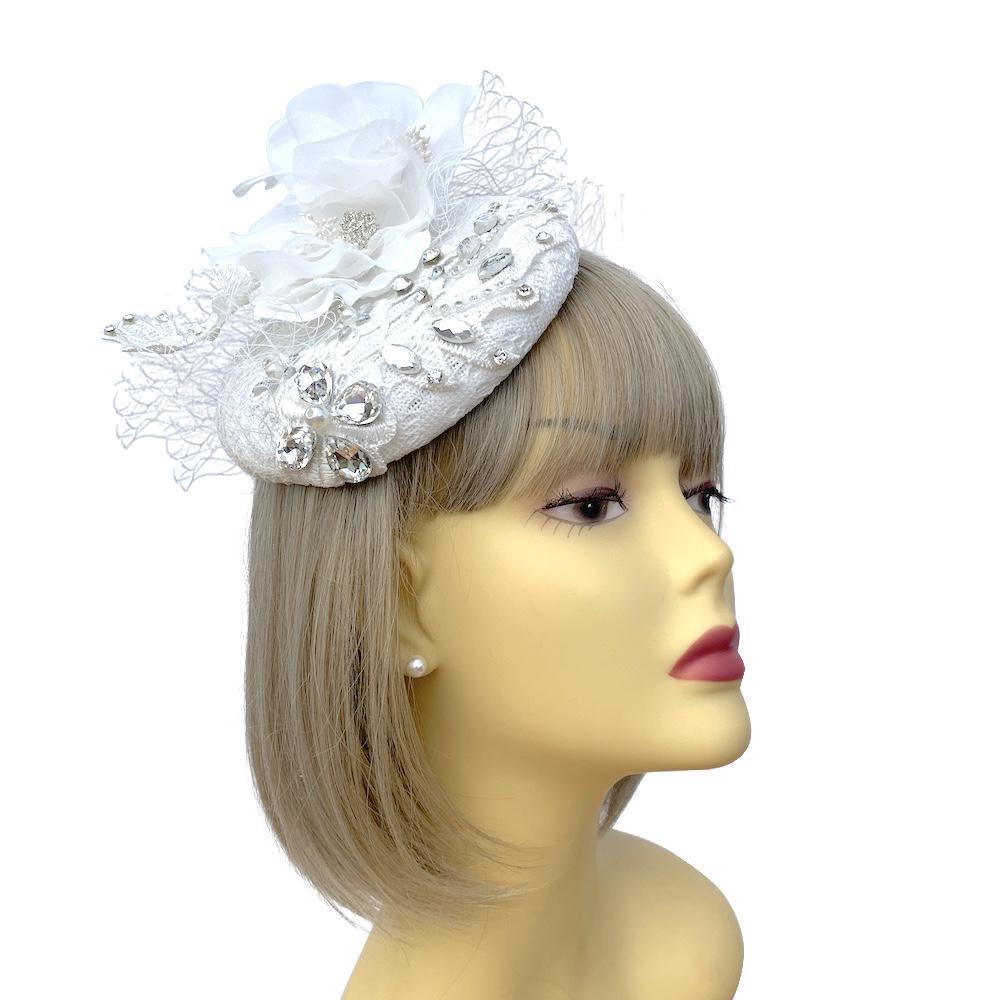 Jewelled Bridal Fascinator Hat with White Embroidery and Flowers-Fascinators Direct