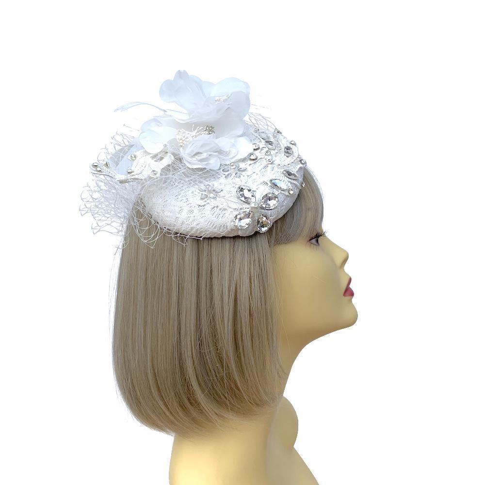 Jewelled Bridal Fascinator Hat with White Embroidery and Flowers-Fascinators Direct