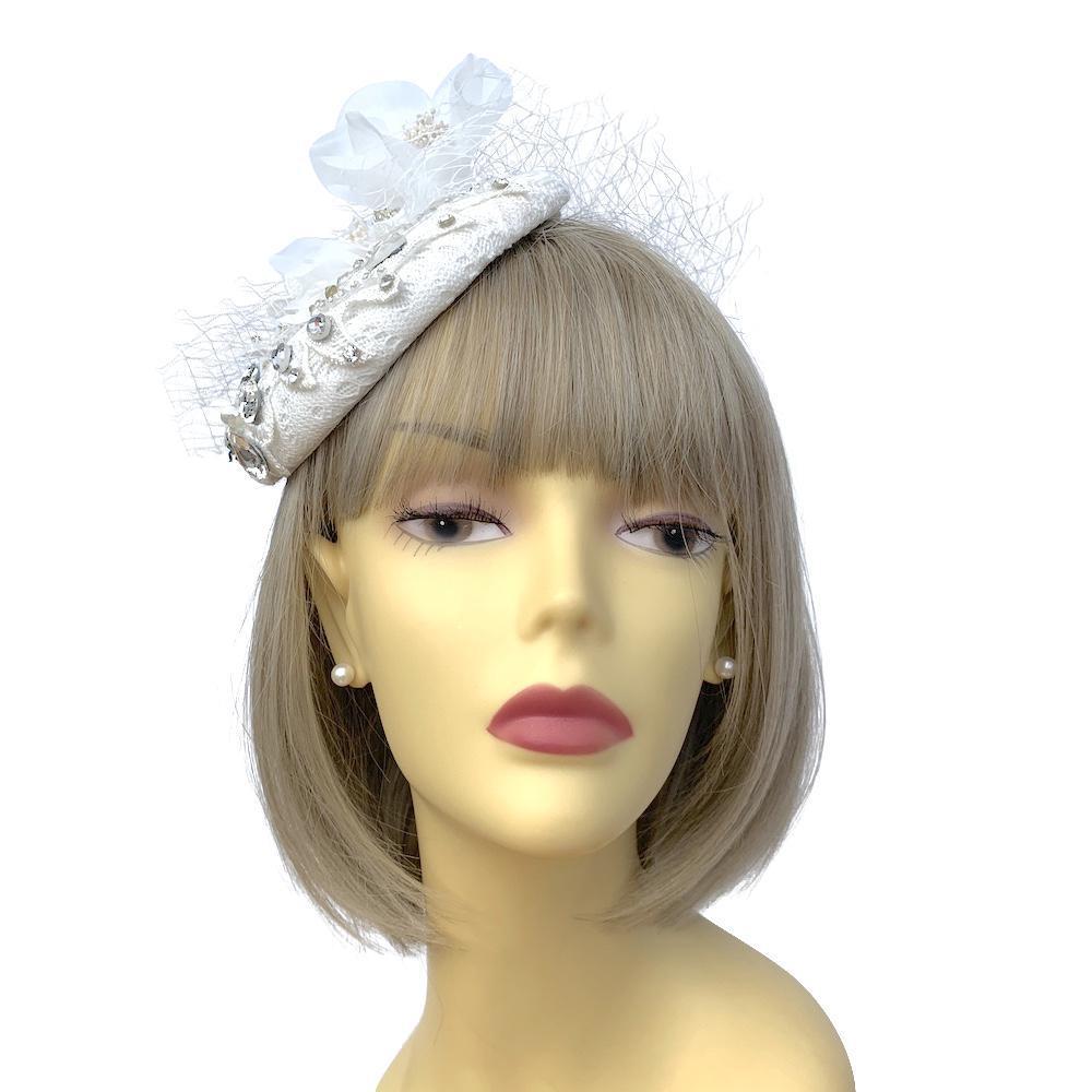 Jewelled Bridal Fascinator Hat with White Embroidery and Flowers-Fascinators Direct