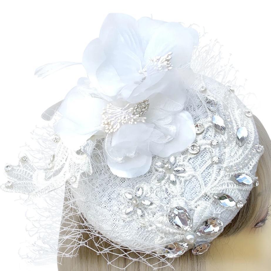 Jewelled Bridal Fascinator Hat with White Embroidery and Flowers-Fascinators Direct