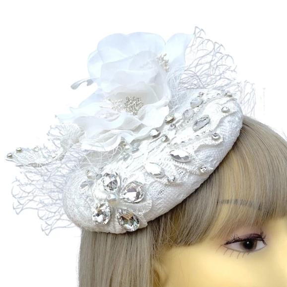 Jewelled Bridal Fascinator Hat with White Embroidery and Flowers-Fascinators Direct
