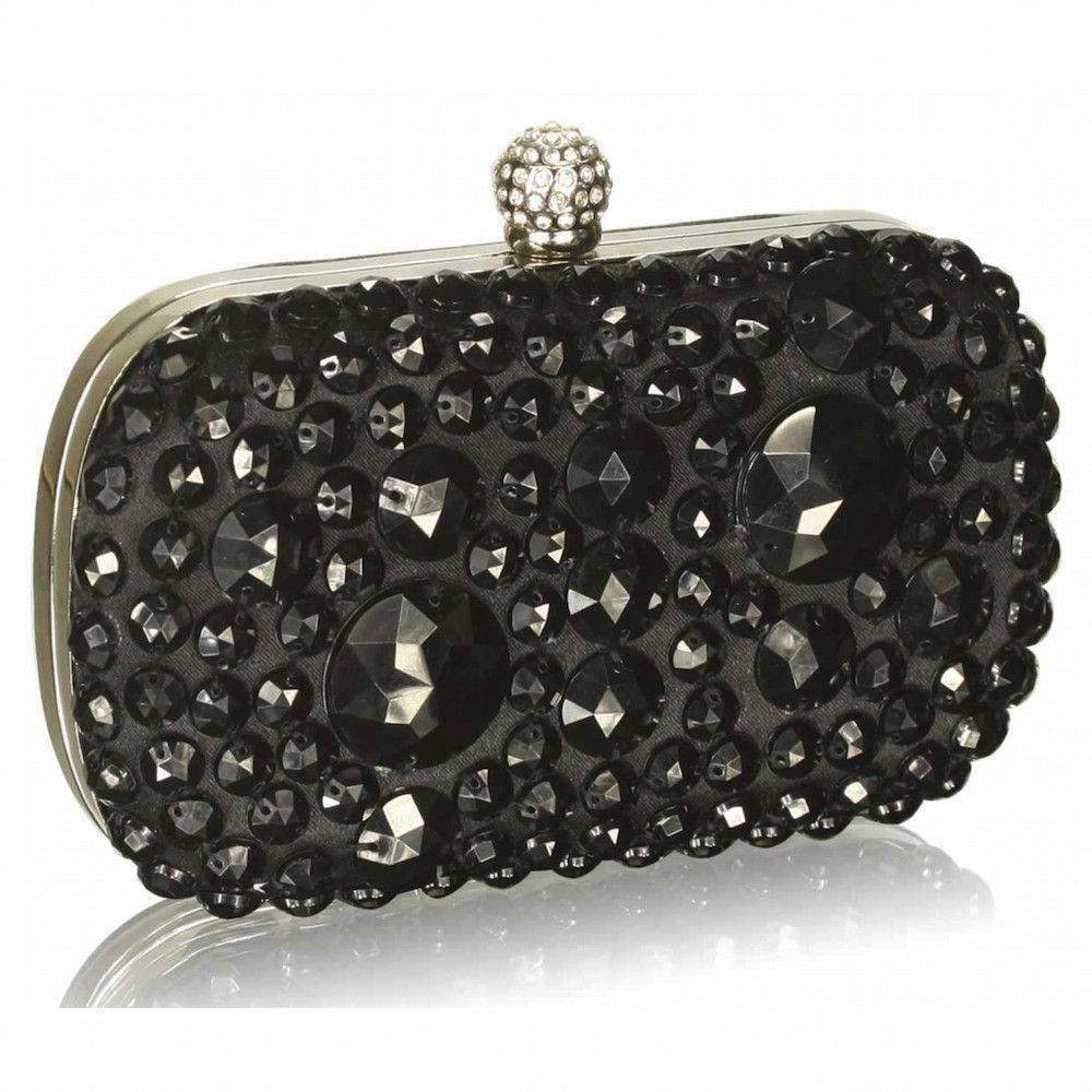 Jewels & Gems Jewelled Clutch Bag - Black-Fascinators Direct