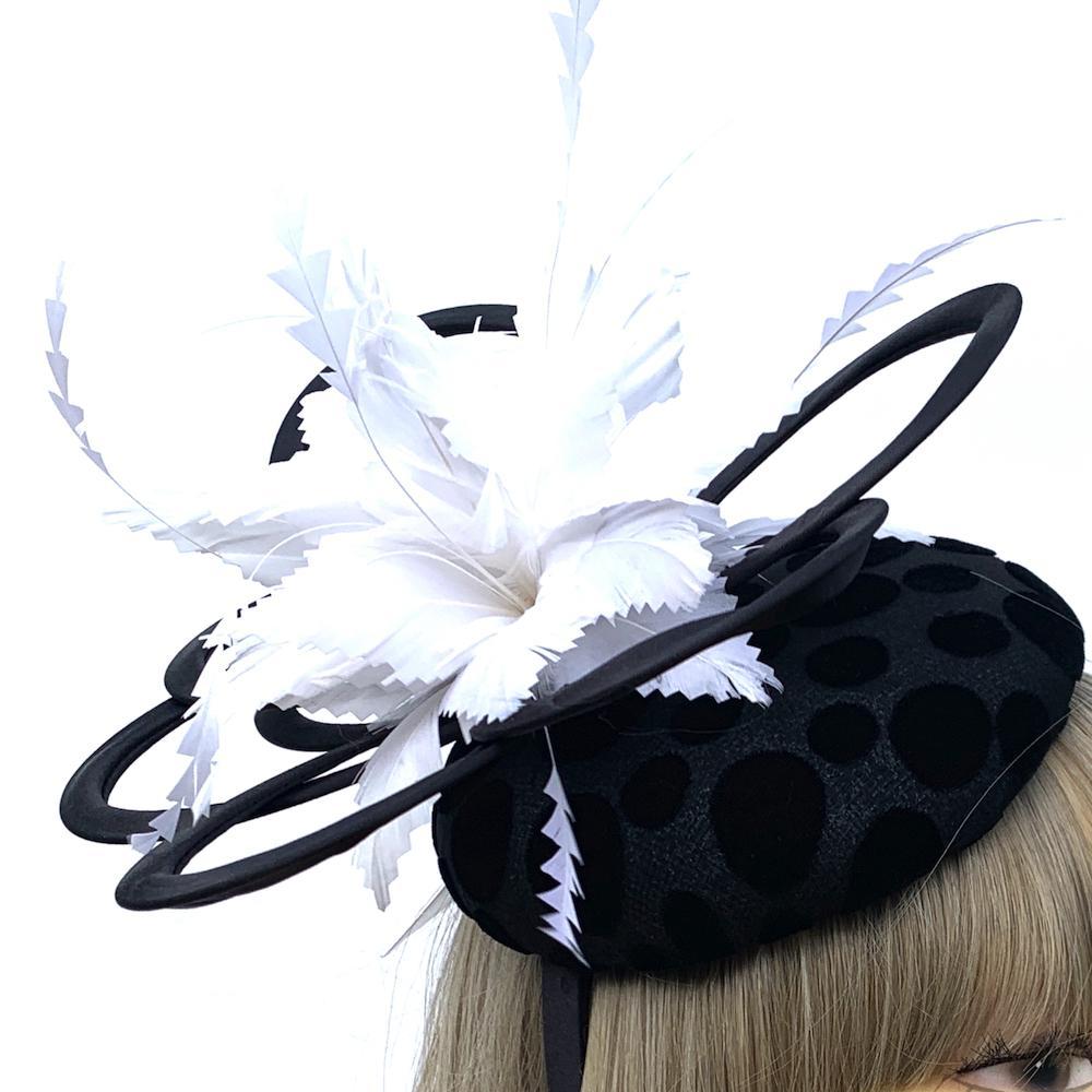 Large Black Fascinator with White Feather Flower &amp; Spots-Fascinators Direct