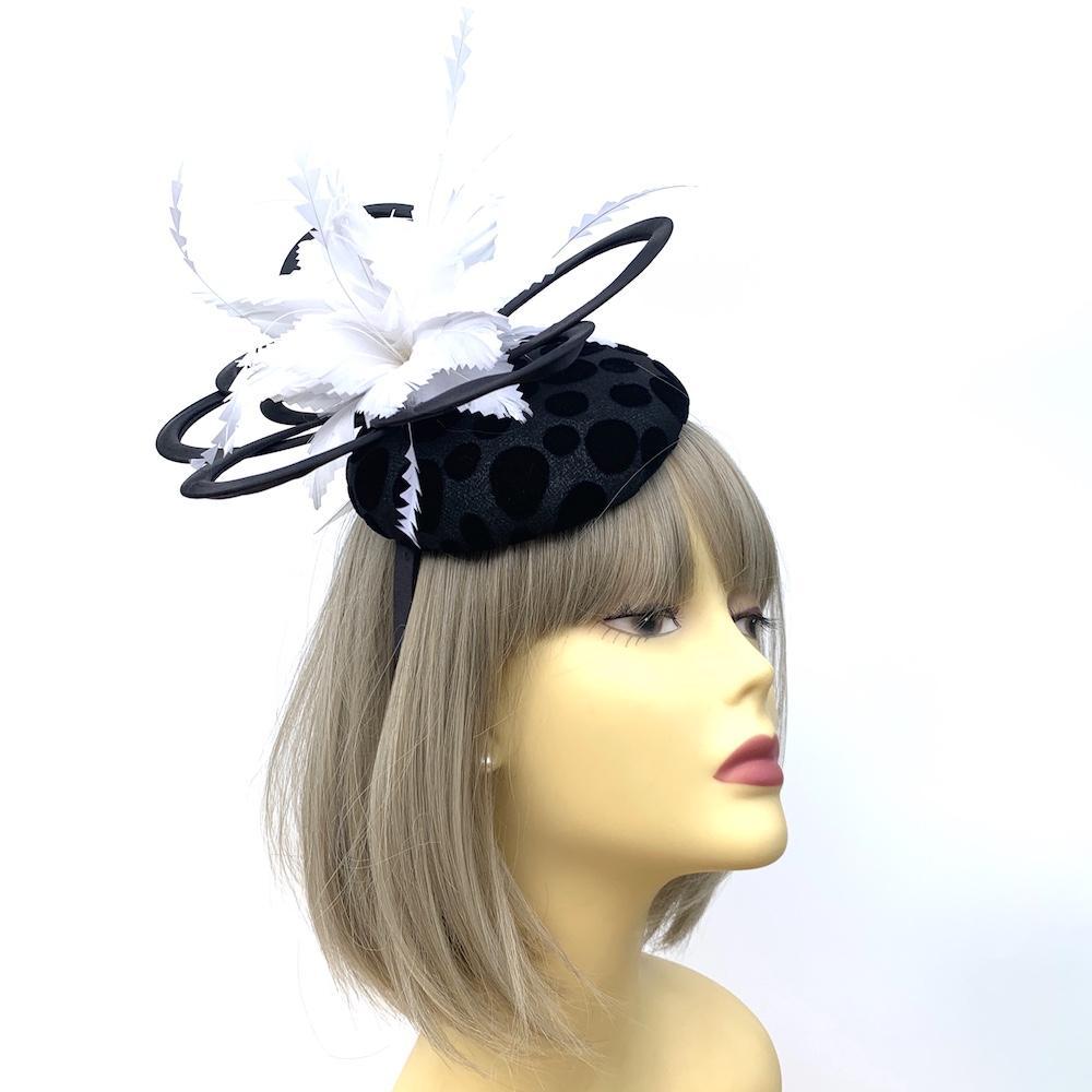 Large Black Fascinator with White Feather Flower &amp; Spots-Fascinators Direct