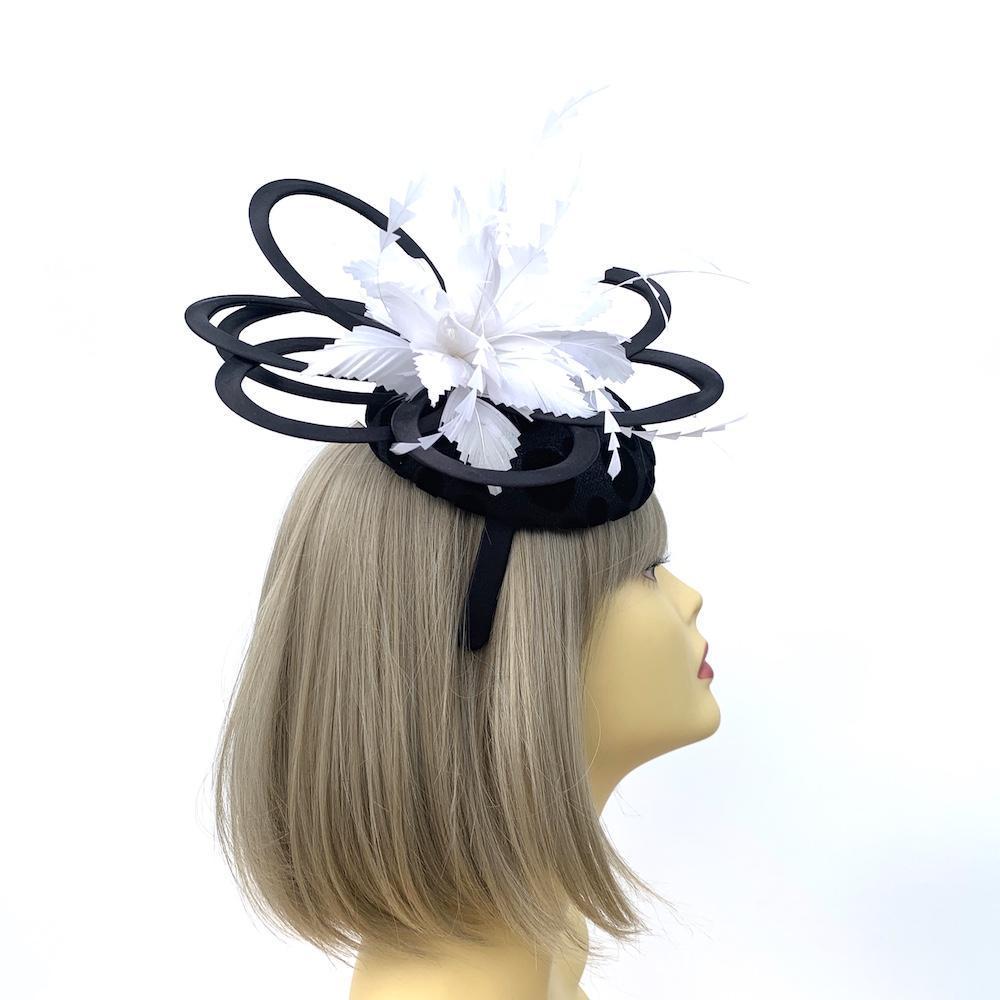 Large Black Fascinator with White Feather Flower &amp; Spots-Fascinators Direct