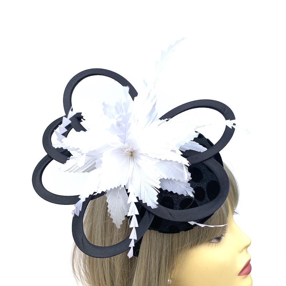 Large Black Fascinator with White Feather Flower &amp; Spots-Fascinators Direct