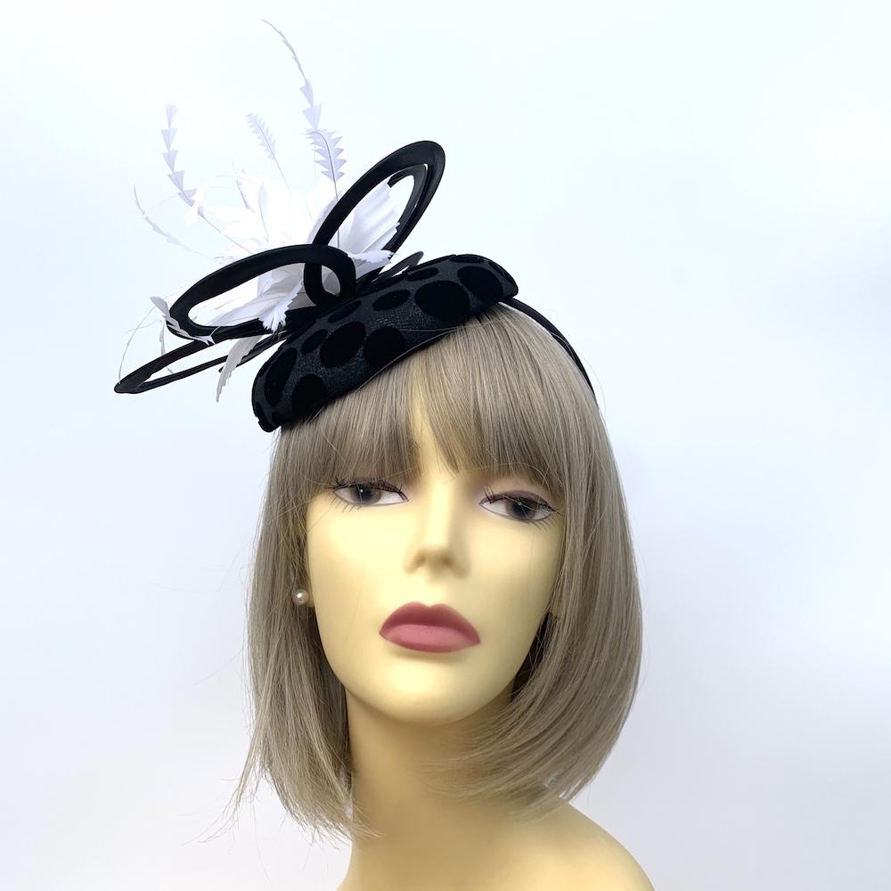 Large Black Fascinator with White Feather Flower &amp; Spots-Fascinators Direct