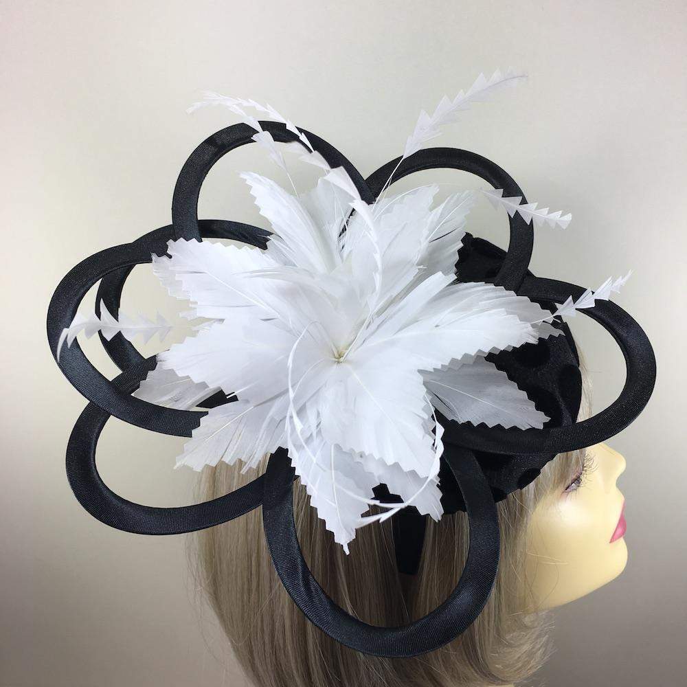 Large Black Fascinator with White Feather Flower &amp; Spots-Fascinators Direct