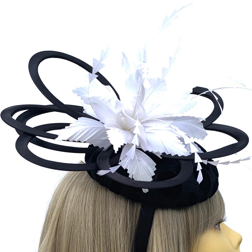 Large Black Fascinator with White Feather Flower &amp; Spots-Fascinators Direct
