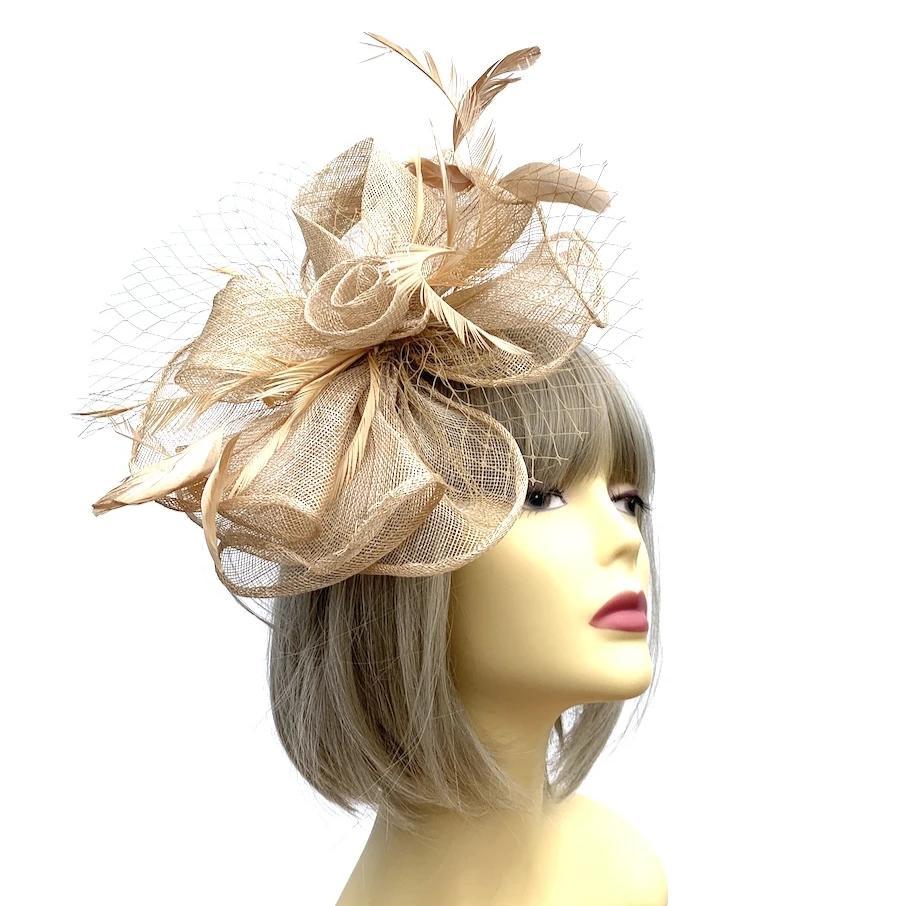 Layered Sinamay Camel Beige Fascinator with Feathers & Netting-Fascinators Direct