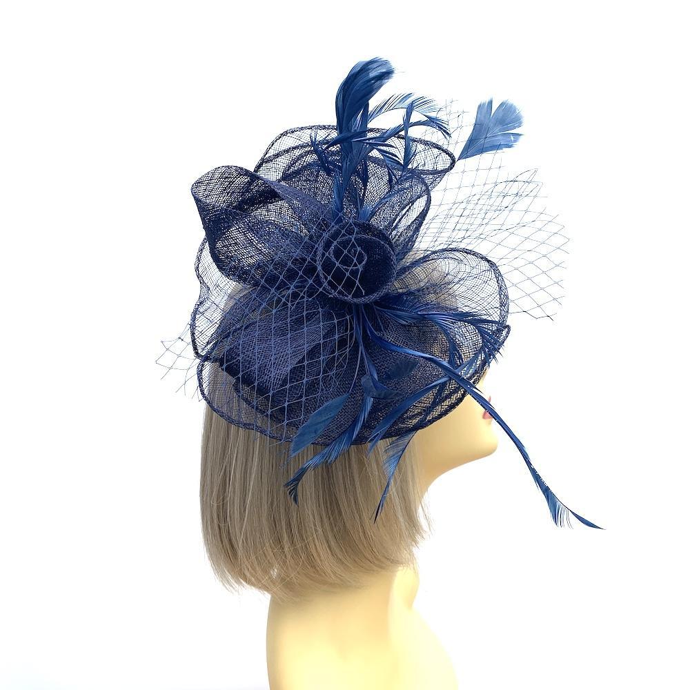 Layered Sinamay Navy Fascinator with Feathers & Netting-Fascinators Direct