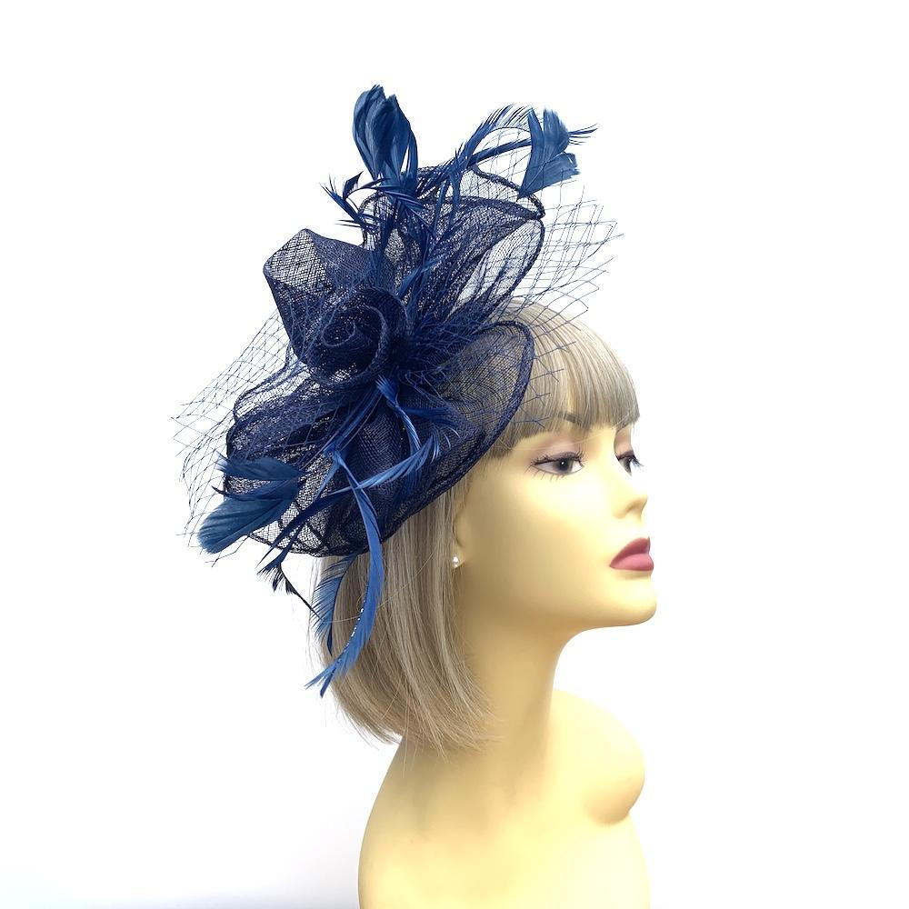 Layered Sinamay Navy Fascinator with Feathers &amp; Netting-Fascinators Direct