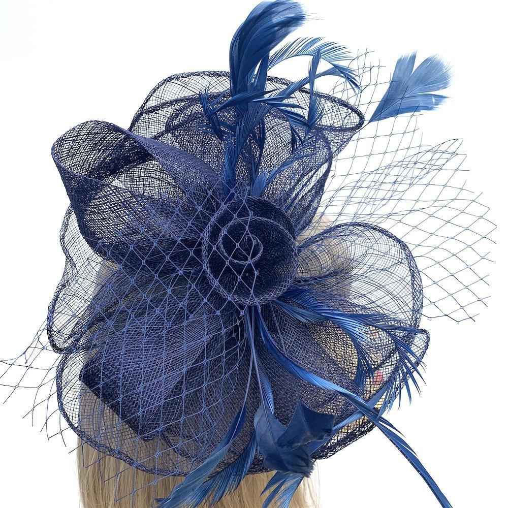Layered Sinamay Navy Fascinator with Feathers &amp; Netting-Fascinators Direct
