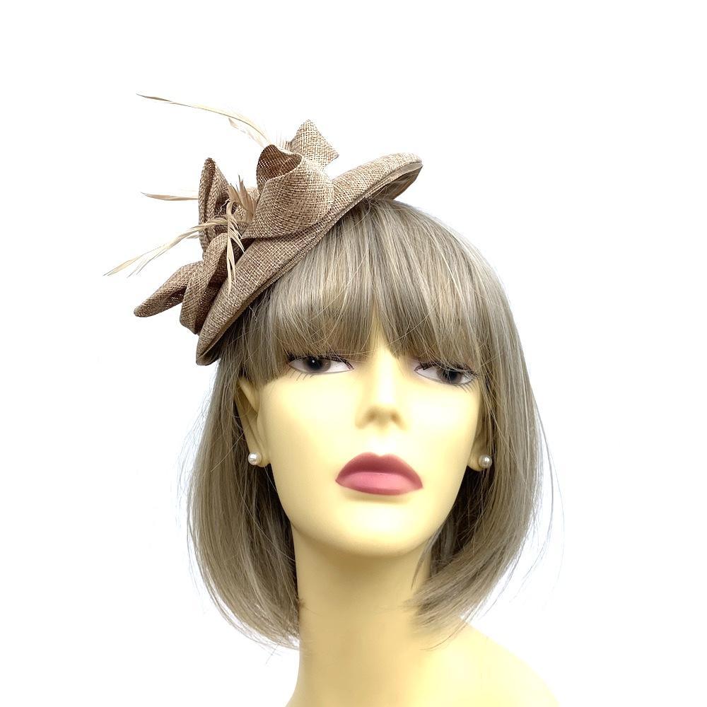 Light Brown Pillbox Fascinator with Pearl Flower & Feathers-Fascinators Direct