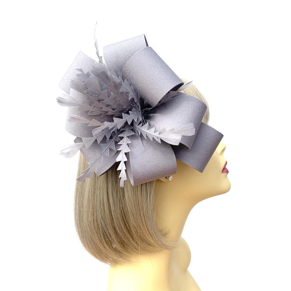 Light Grey Fascinator on comb with Big Loops & Feathers-Fascinators Direct
