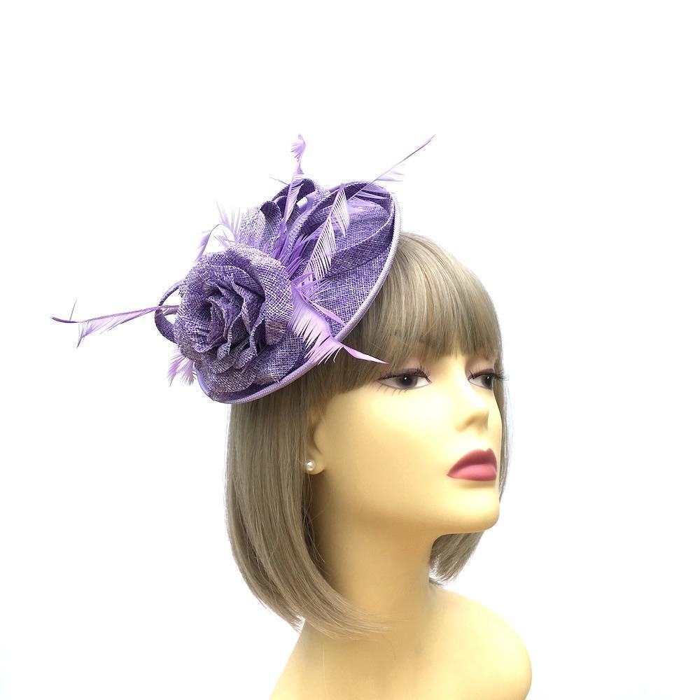 Lilac Fascinator Hat with Woven Sinamay Flower & Feathers-Fascinators Direct