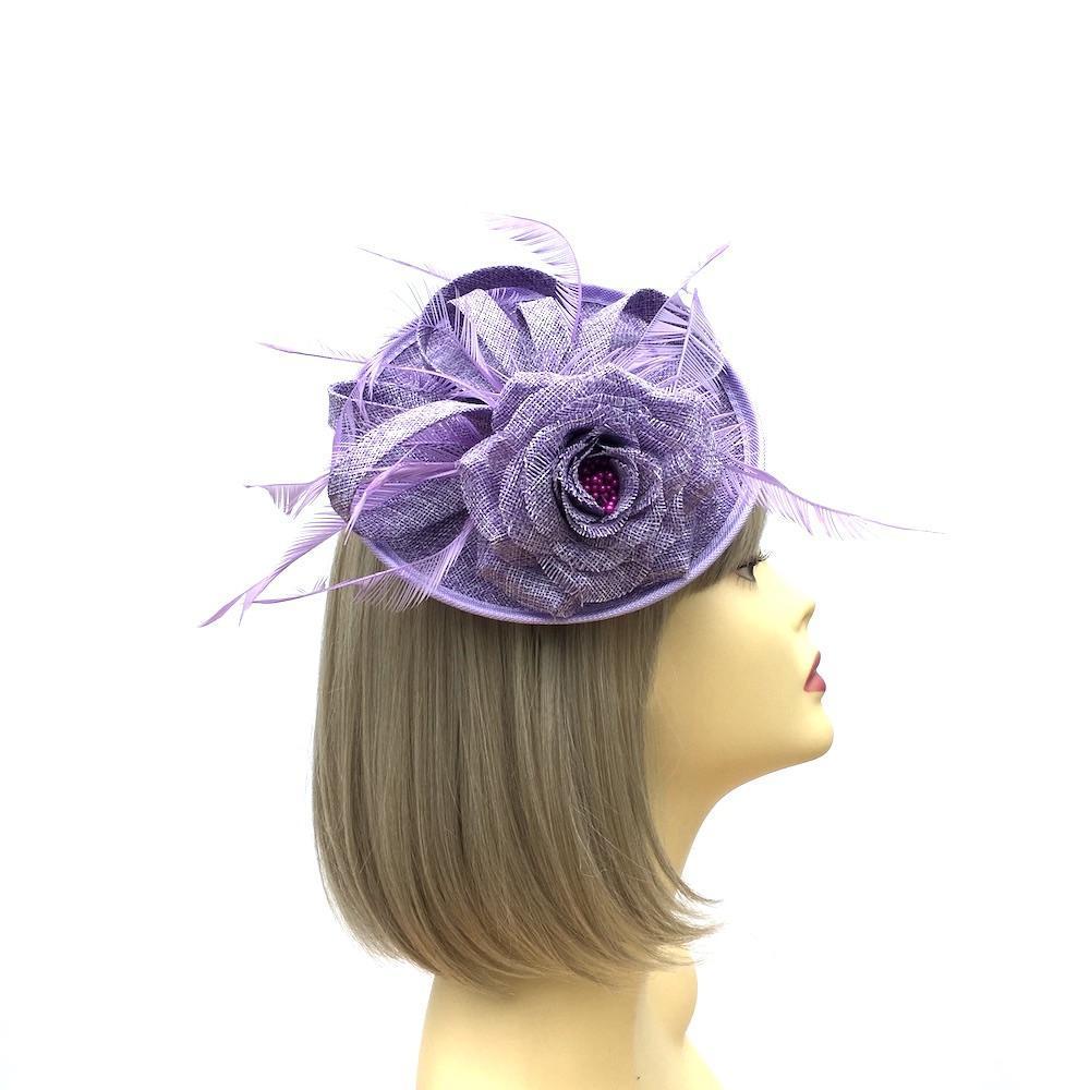 Lilac Fascinator Hat with Woven Sinamay Flower &amp; Feathers-Fascinators Direct