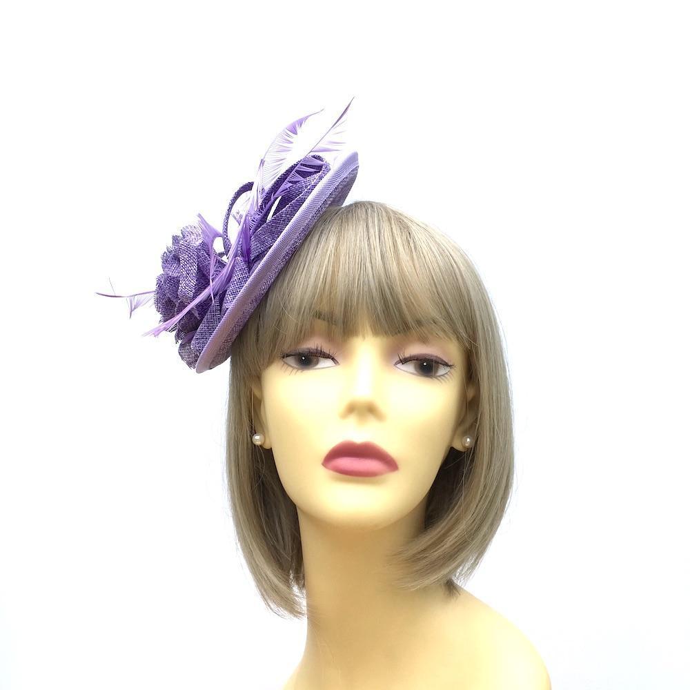 Lilac Fascinator Hat with Woven Sinamay Flower &amp; Feathers-Fascinators Direct