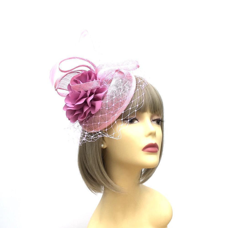 Lilac & Taffy Pink Pillbox Fascinator Hat with Dahlia Flower & Net