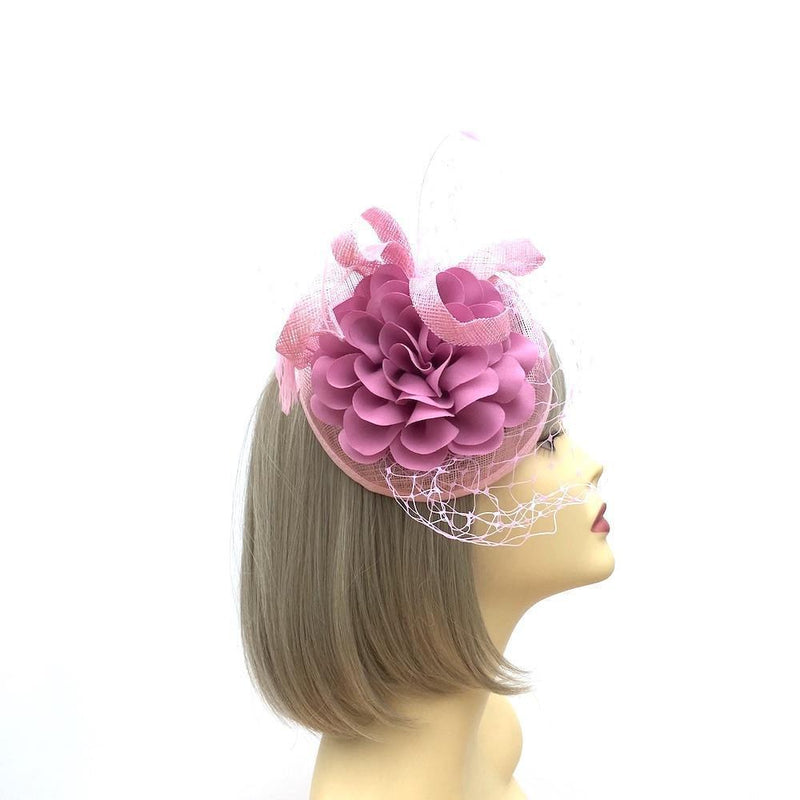 Lilac & Taffy Pink Pillbox Fascinator Hat with Dahlia Flower & Net
